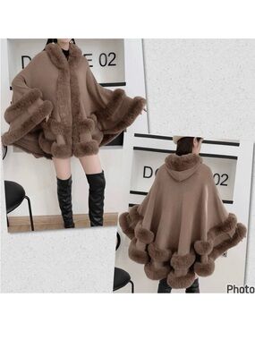 NWT Gorgeous OS Soft Knit Fur Trim Brown Open Hooded  Hood Ruana Cape Poncho